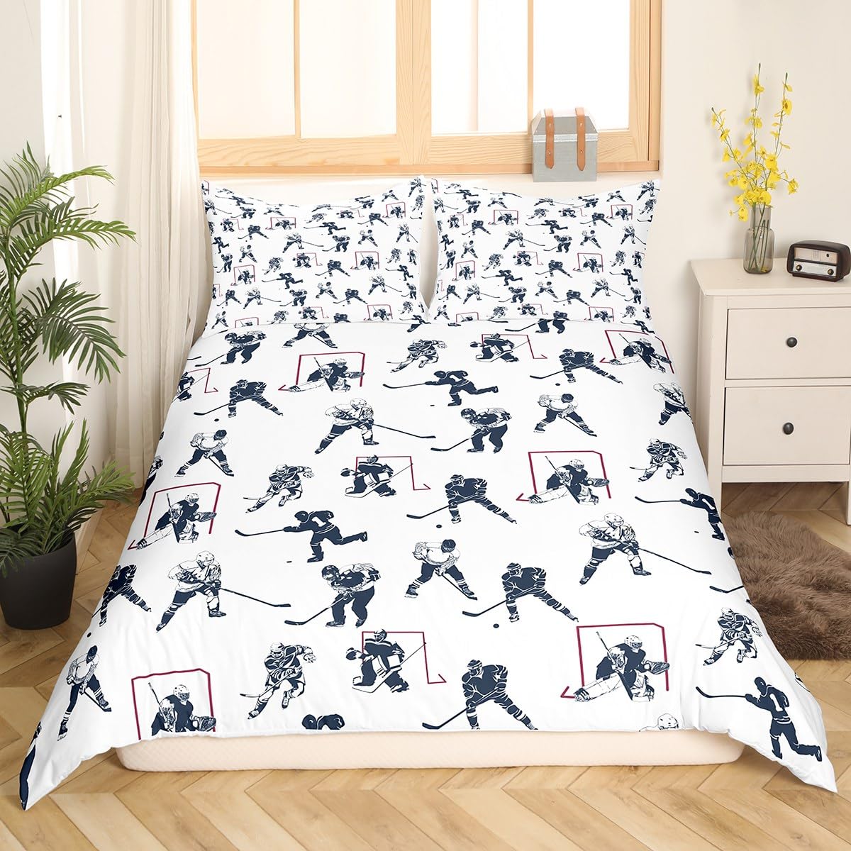 

Ice Hockey Duvet Cover for Kids Boys Girls Teens Lightweight Quilt Covers Winter Sports Bedroom Decor Hockey Player Bedding Sets AU Single(140x210cm)