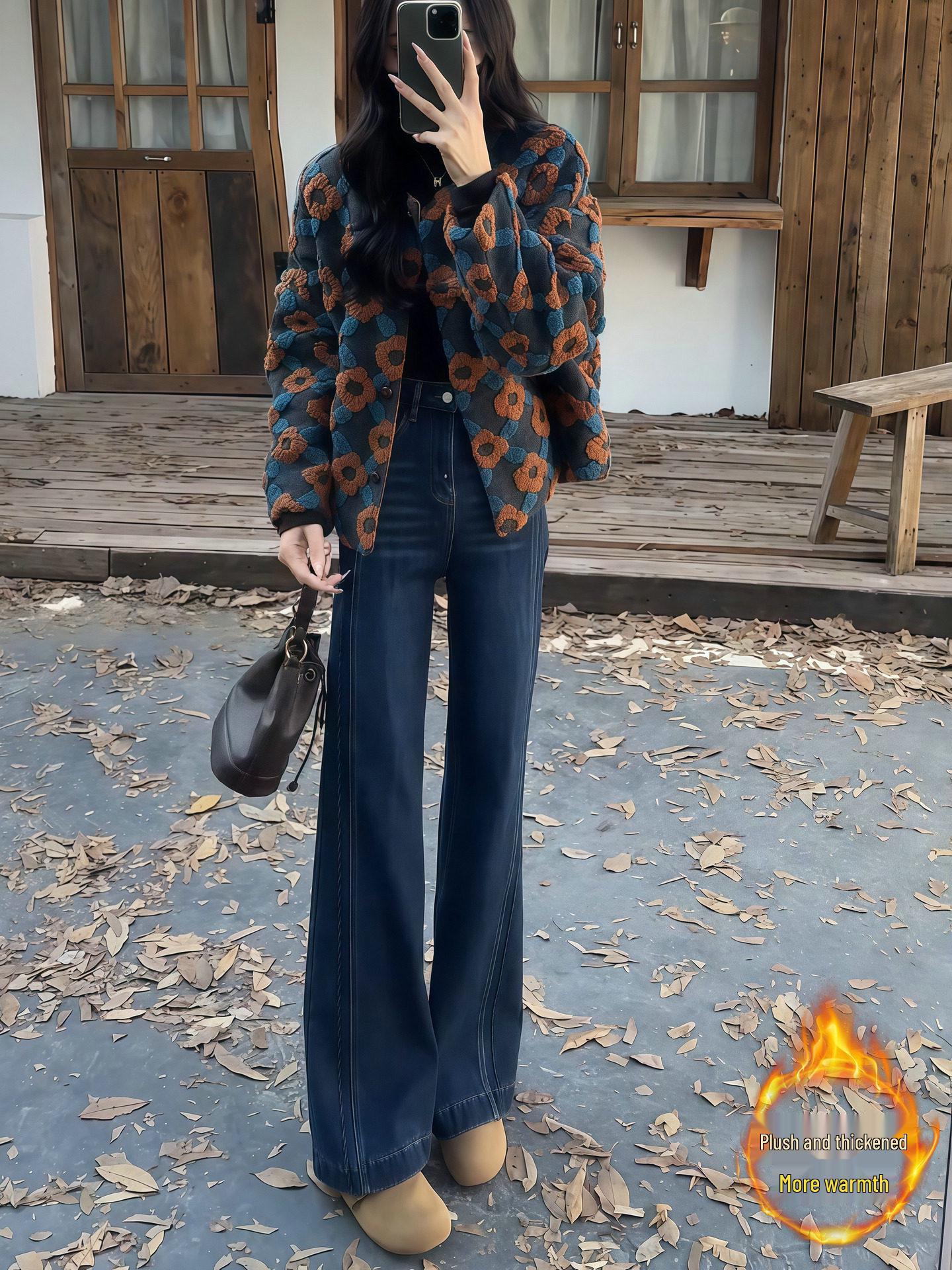 

Spring 2026 Velvet Retro High-Waisted Flare Jeans for Women - Slimming, Comfortable, Versatile Fit M [94-105 lbs]