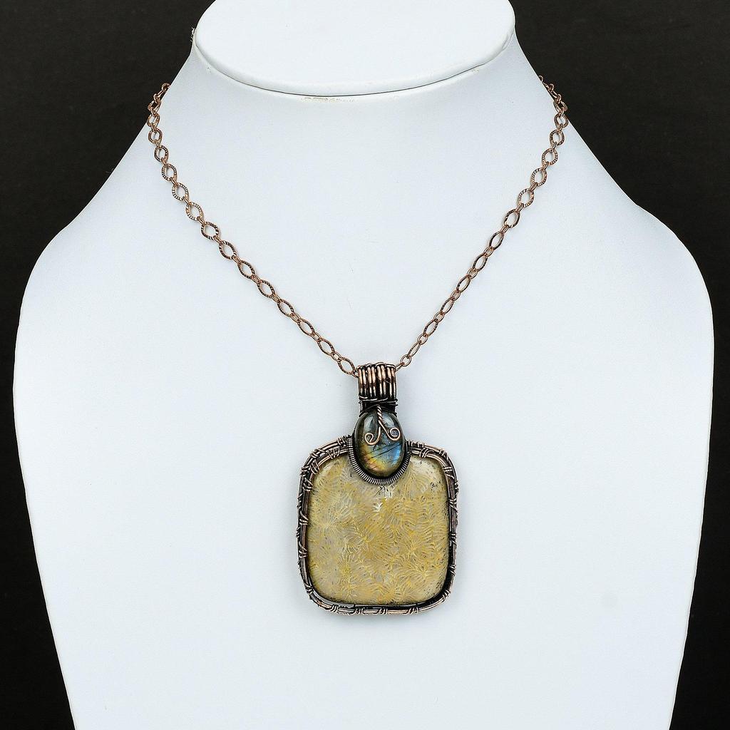 Fossil Coral Pendant Copper Wire Wrapped Pendant Gemstone Pendant Handmade Copper Jewelry Gift For Bridal Unique Jewelry Labradorite Pendant