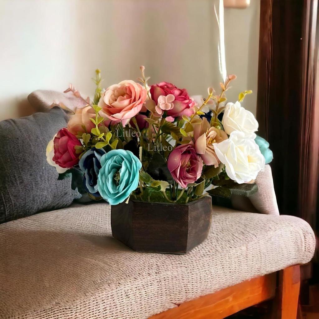 Holztopf mit mehrfarbigen Trocken-Kunstblumen, perfektes Geschenk für Zuhause oder Büro, elegante Dekoration (Mehrfarbig A)