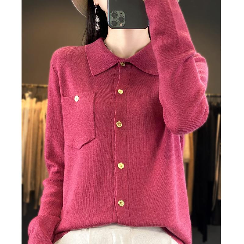 

Рубашка поло с длинным рукавом, женский свитер, осенний прямой трикотажный топ с лацканами M малиновый