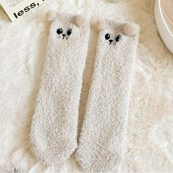 Japanese Coral Fleece Bear Cartoon Mid-Calf Socks - Autumn/Winter, Non-Shedding Sleep Socks