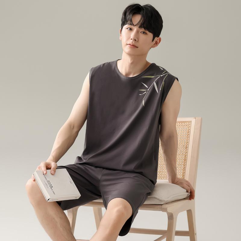 Cartoon Bear Sleeveless Pajamas Set for Men Modal Soft Nightwear Summer Shorts Sleepwear Young Boy Homewear