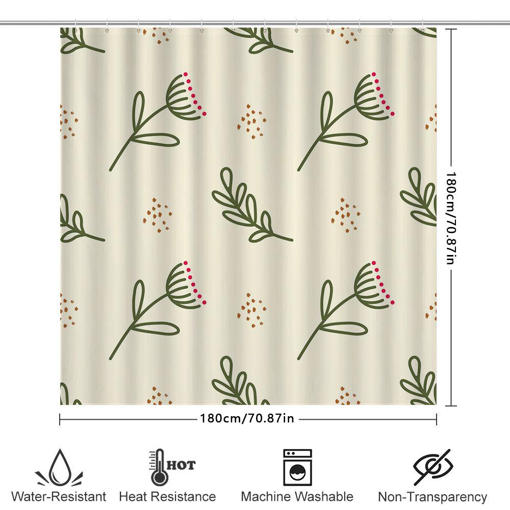 Modern Floral Bathroom Shower Curtain Set Decorative Water-Proof Printing Home Bath Mat Cream Color With Green Branches And Red