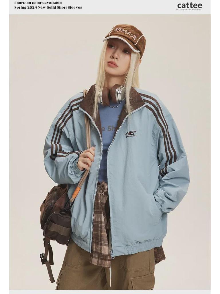 CATTEE Zweifarbige Kontrastjacke mit Stehkragen - Unisex Lässig Frühling/Herbst Lockere Passform
