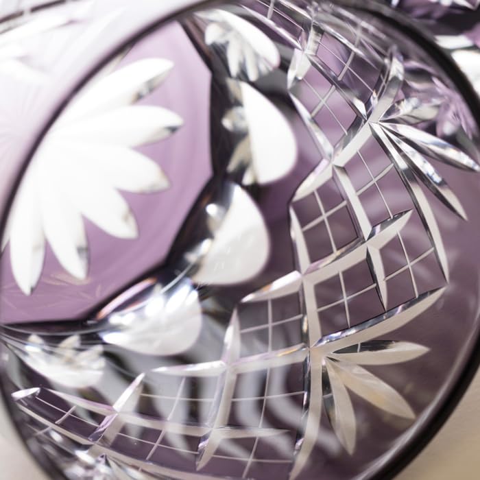 Glass Studio Saiho Edo Kiriko Shochu GlassRocks Glass, Old Purple, with Sword and Arrow Design, Made in Japan, Wooden Box, Gift Wrapping Available