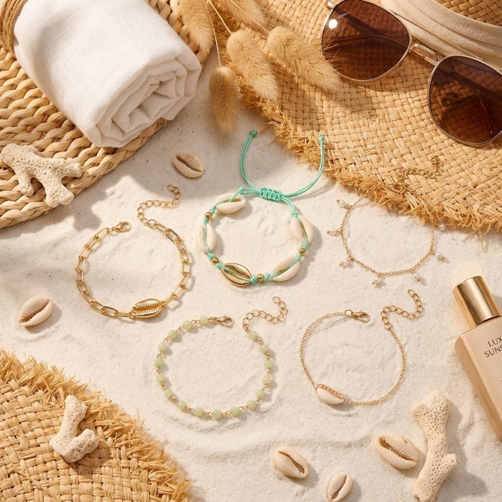 Vacation Style Metal Shell Crystal Beads Stackable Bracelets Set For Women Men Multilayer Bohemian Beach Bangle Summer Jewelry