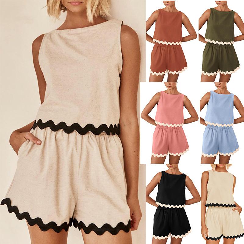 Women's Sleeveless Romper Shorts Set with Wave Hem in 6 Colors