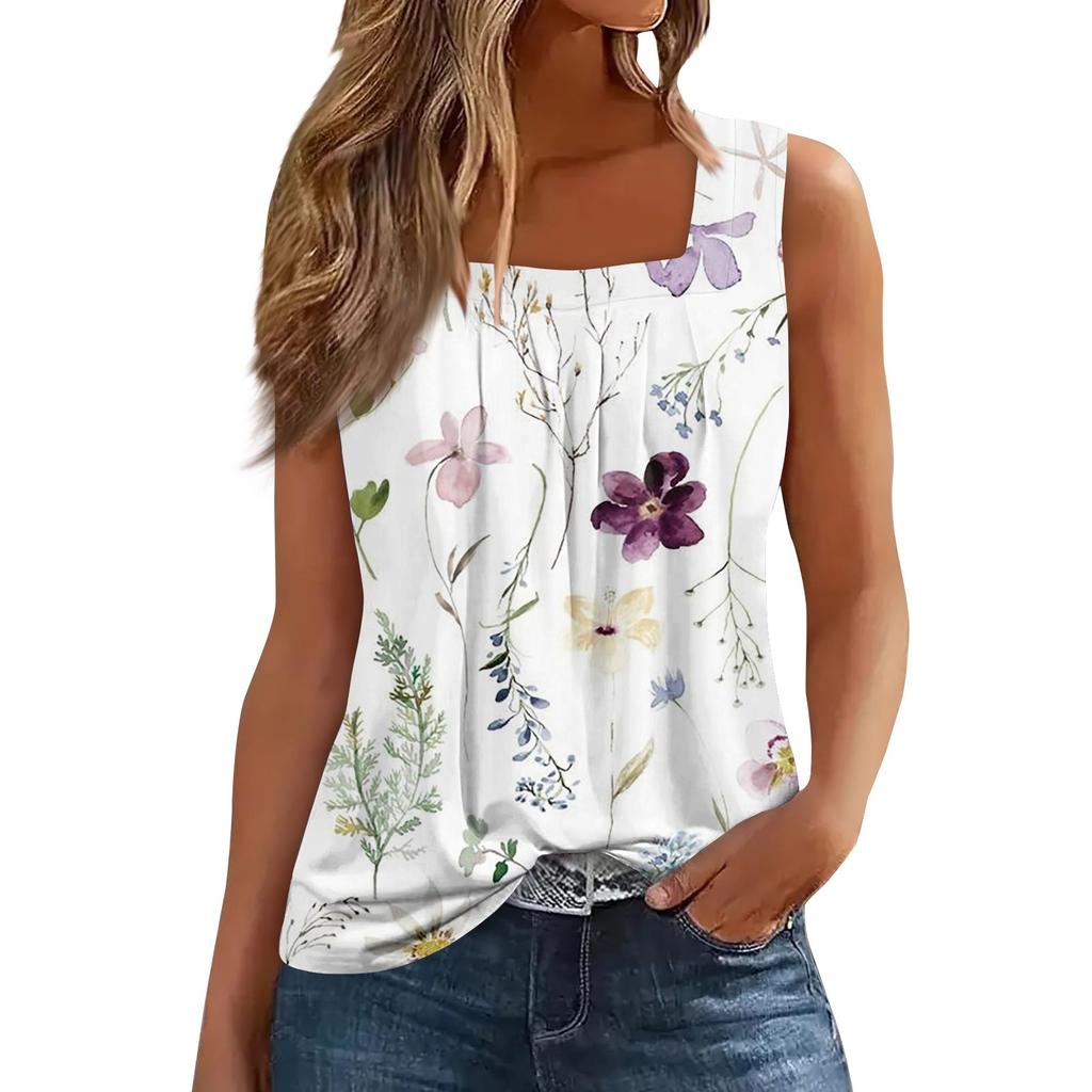 Women's Pleated Square Collar Sleeveless Vest Print T-shirt