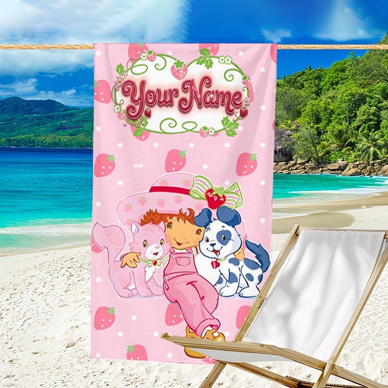 1pc Princess Strawberry Beach Towel with Custom Name, Beach and Seaside Swimming Pool Equipment, Fashion Pattern, Rectangular, Travel Essential