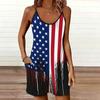 Womens Sleeveless Spaghetti Strap Romper Star Flag Print Pocket Short Jumpsuit