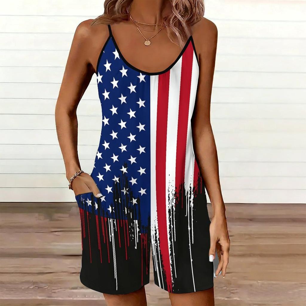 Womens Sleeveless Spaghetti Strap Romper Star Flag Print Pocket Short Jumpsuit