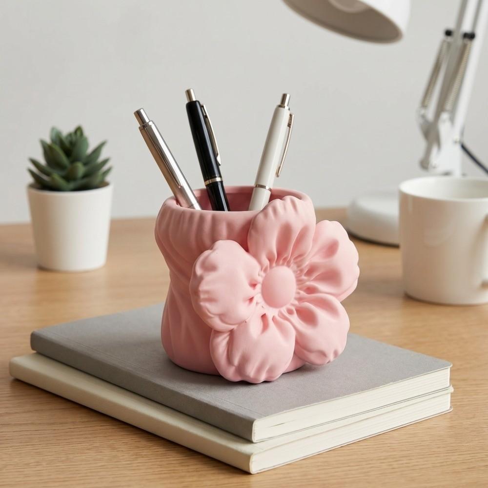 Desktop Organizer Puff Flower Pen Holder Makeup Brush Bin Cherry Blossom Ornament Office Desktop