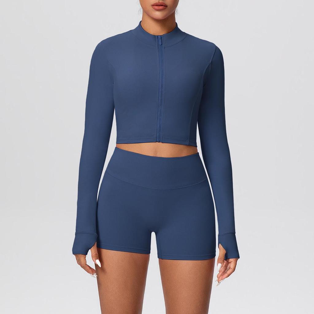 High-Waisted Hip-Lift Sports Shorts & Zip Jacket Yoga Set - Nude Feel for Casual Run & Fitness