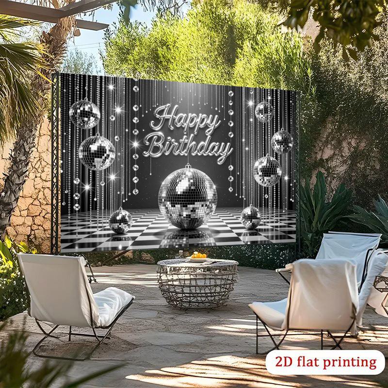 2D flat 1pc disco ball happy birthday party banner, shiny sequin pattern, with dangling beads and sparkly design