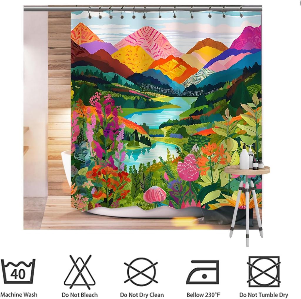 She Love Colorful Landscape Mountain Shower Curtain Nature Abstact Forest Lake Watercolor Art Painting Green Shower Curtains wit