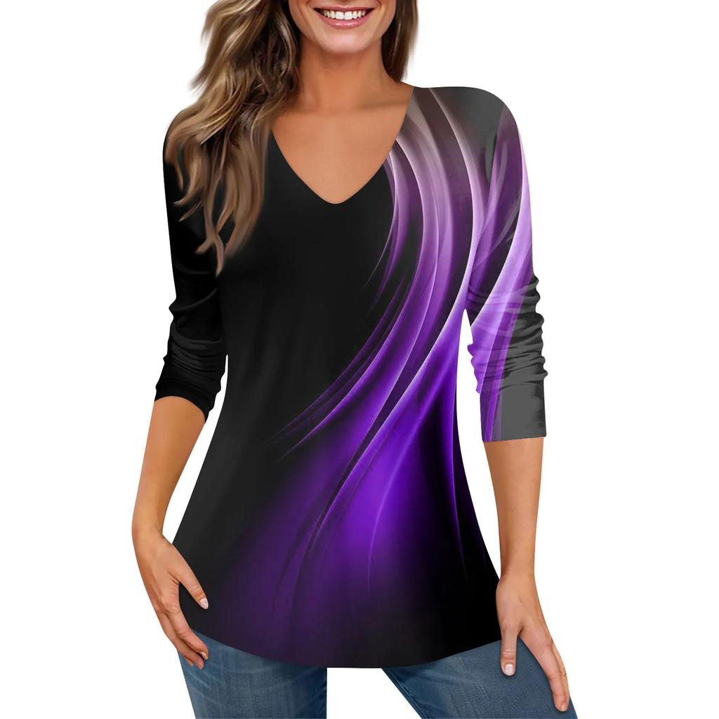 Spring and Summer V-neck 3D Printed Top Fashionable and Casual Long Sleeved Women's T-shirts