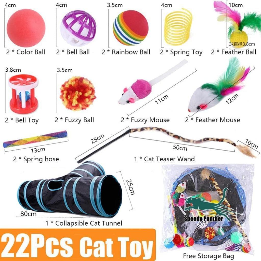 Speedy Panther 22 Pcs Cat Toys for Indoor Cats Adults Interactive Kitten Toys Cat Tunnel Mouse Feather Teaser Wand Spring Toy
