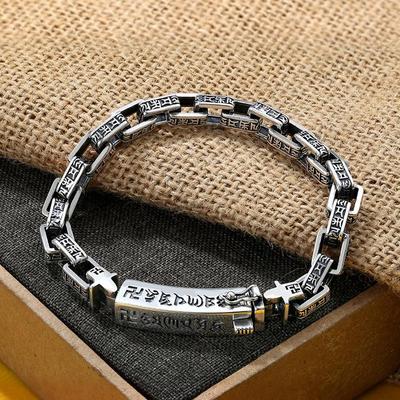 Anello quadrato Set Anello Bracciale Mantra a sei caratteri Amuleto in argento da uomo Trendy All-match Casual Gioielli in argento da uomo