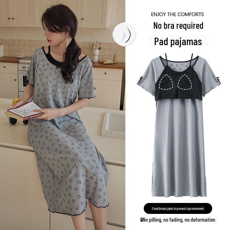 Women's Summer Ice Silk Two-Piece Nightdress with Breast Pads - Short-Sleeved, Sweet, Knee-Length