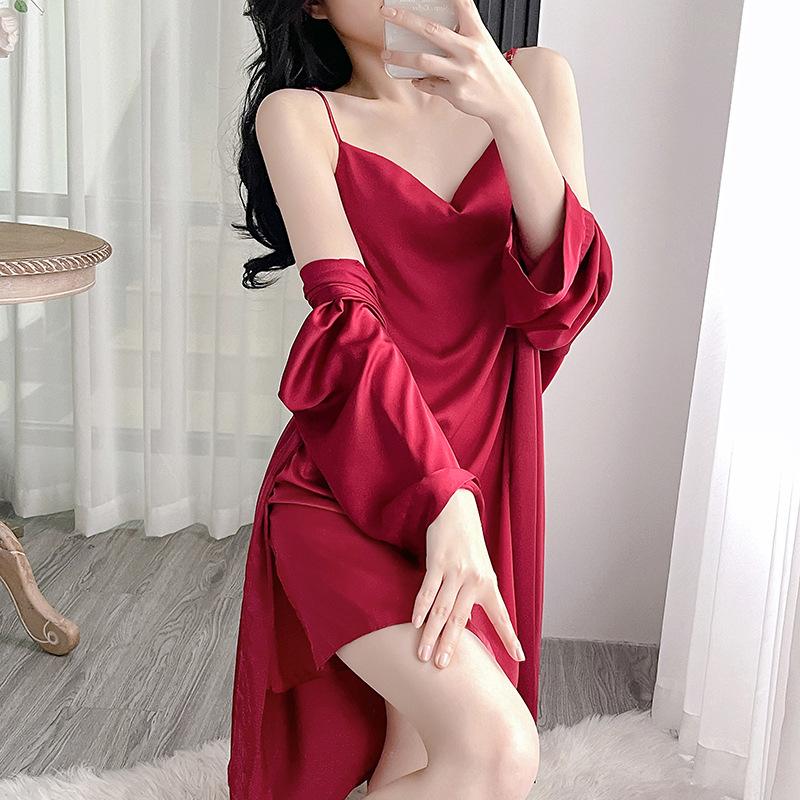 Pajamas Female Spring and Fall Thin Section of Ice Silk Long-sleeved Robe Sexy V-neck Nightgown Set