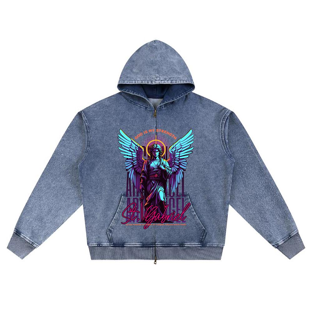 DTG print Knitted Denim Zip-Up Hoodie Angel Streetwear Brother Print Zipper Hoodies