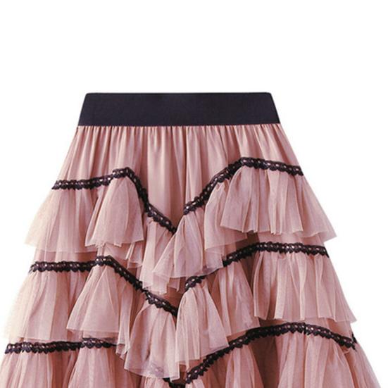 Women Skirt High Waist A-line Big Swing Ruffle Contrast Color Scattered Hem Pleated Patchwork Princess Style Elastic Waist Ankle Length Maxi Skirt