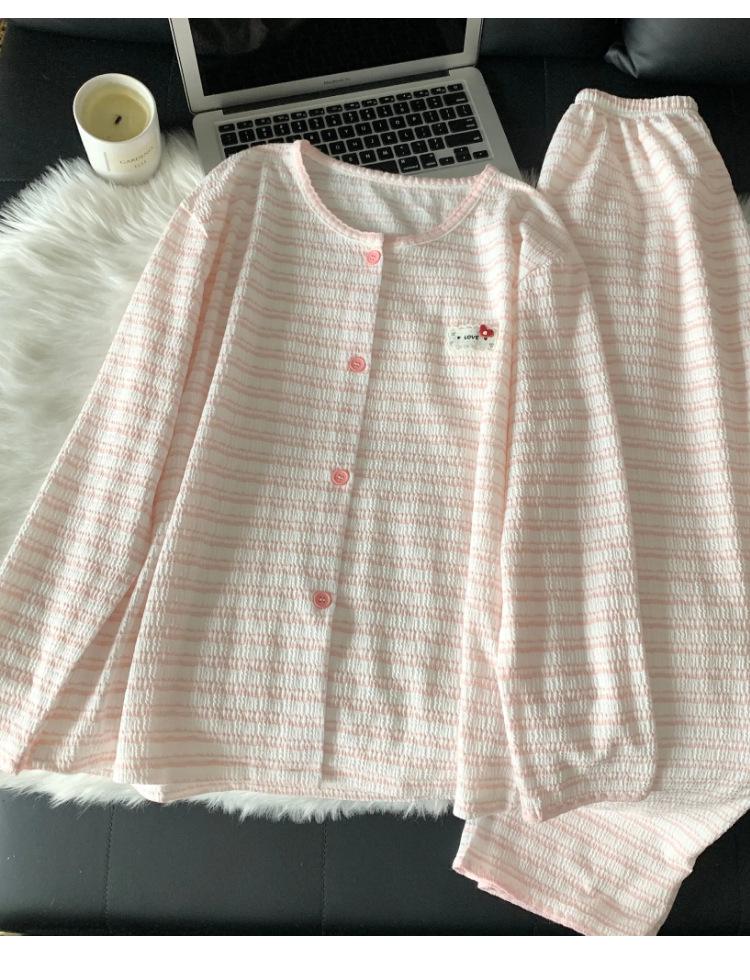 Korean Pink Striped Women's Pajama Set - Spring/Autumn 2026, Sweet Long Sleeve Cardigan Loungewear