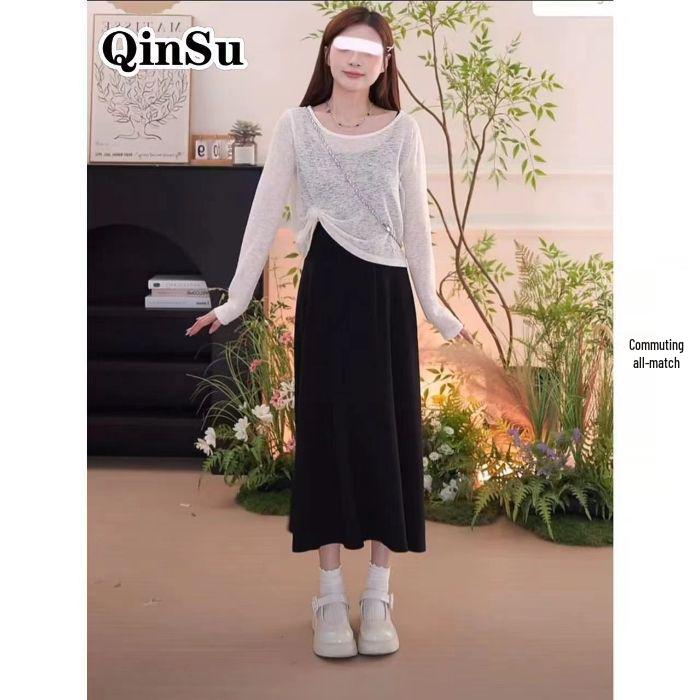 

2025 Trendy Black Twist Round Neck Long-Sleeve T-Shirt & Slip Dress Set Large