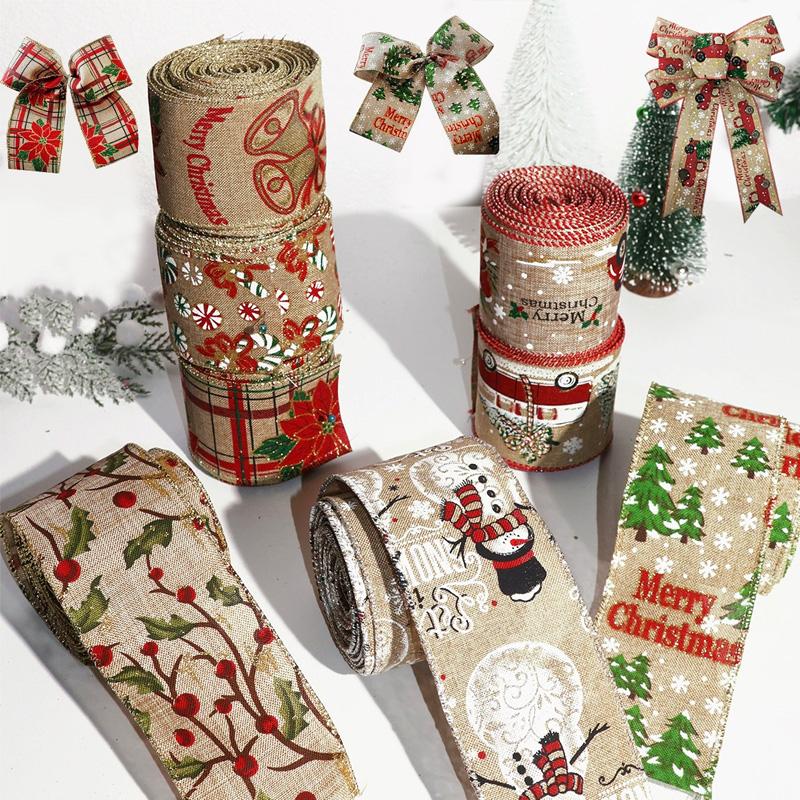 2M/Roll Christmas Classical with Wired Edge DIY Xmas Tree Ribbon Gift Wrapping Craft Ribbon Wreath Bows Imitation Hemp
