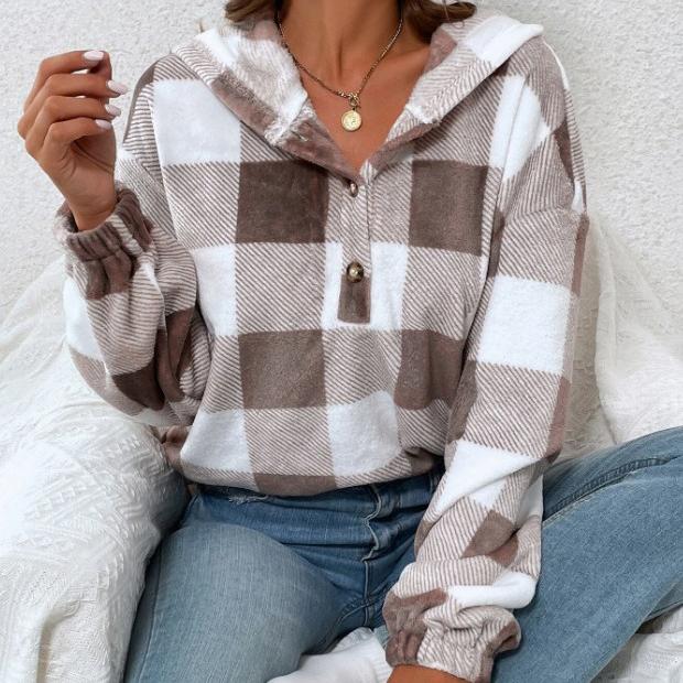 Autumn and Winter Women's Fashion Flannel Plaid Half Open Collar Nail Buckle Hooded Plush Sweater