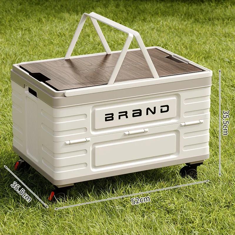 

Folding camping crate for car trunk with wooden lid, rolling picnic organizer storage box with wheels, collapsible utility bin