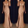 Rochie cu crăpătură înaltă Femei Paiete Bal de Promovare Elegantă Doamnă Rochie Sexy Fără Spate Dama Aur Elegantă Domnișoară de Onoare Decolteu în V Rochie Lungă