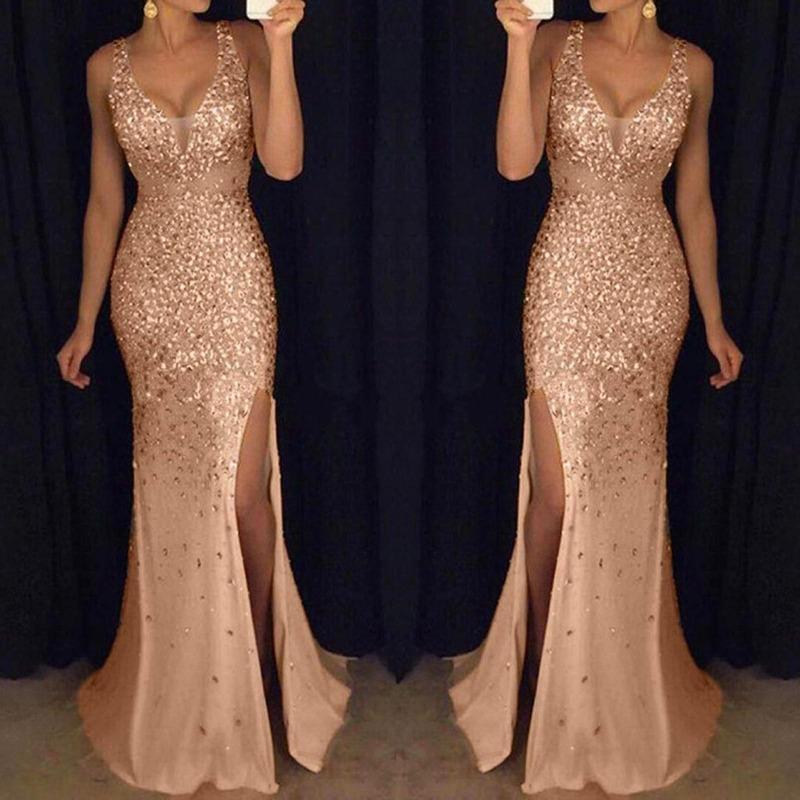 Rochie cu crăpătură înaltă Femei Paiete Bal de Promovare Elegantă Doamnă Rochie Sexy Fără Spate Dama Aur Elegantă Domnișoară de Onoare Decolteu în V Rochie Lungă