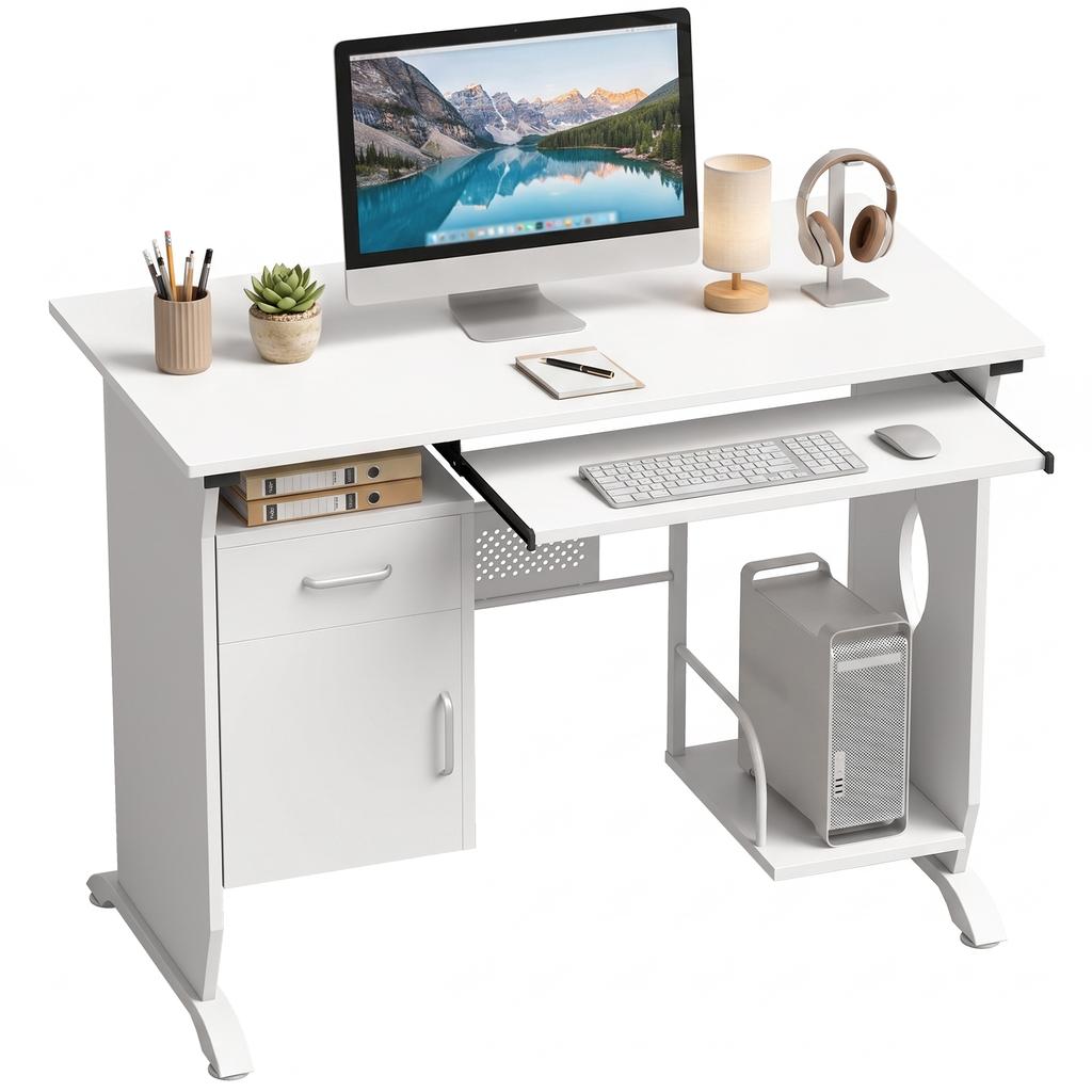 Computer Desk, 100 x 52 x 75 cm, Sliding Keyboard Tray, Drawers, CPU Holder, White