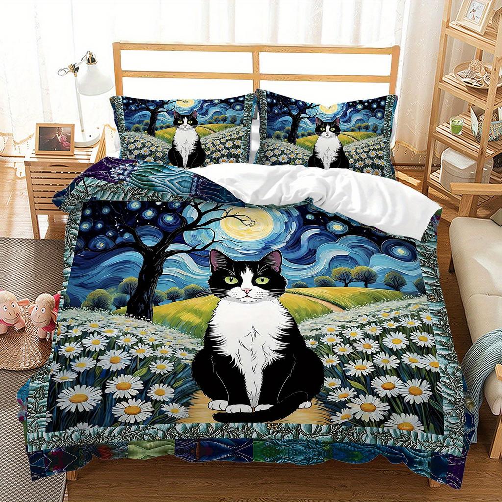 3pcs Soft Cozy Starry Night Cat Bedding Duvet Cover Set Van Gogh Cat Bedding Quilt Set Patchwork Themed Bed Quilt Set Bohemian
