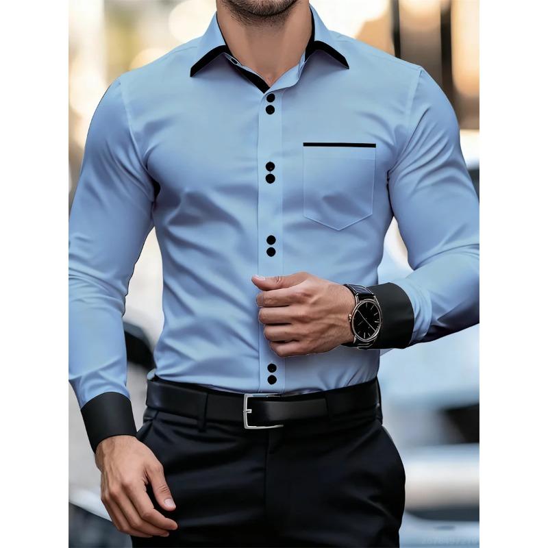 Men's Business Color Block Collar Long Sleeve Shirt, Slim Fit, Wrinkle-Free, Black and White Patchwork Shirt, Men's Fashion Top