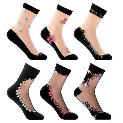 5 Paar Damen Frühling und Sommer Einfarbig Blumen Sexy Dünne Anti-Haken Seide Transparent Baumwollboden Mittelhohe Socken