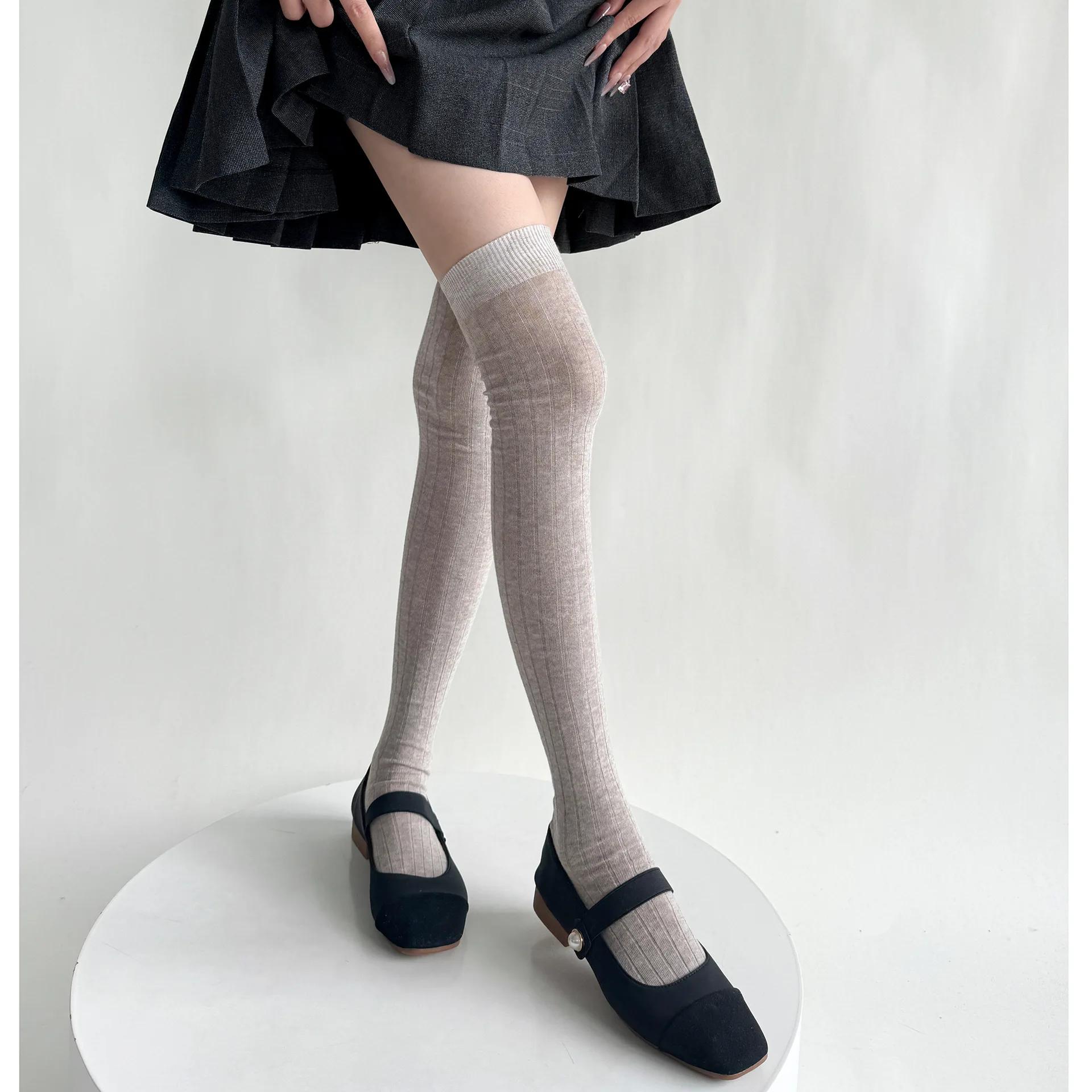 

Женские чулки из хлопка, тонкие, дышащие, гольфы, высокие носки, школьные носки для девочек, однотонные, длинные, высокие носки