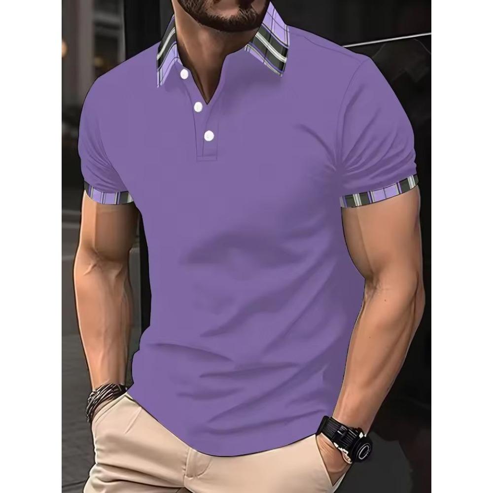 

Summer New Men Clothes Short Sleeve Fashion Pure Color Stand Collar Polo Shirt 3XL фіолетовий