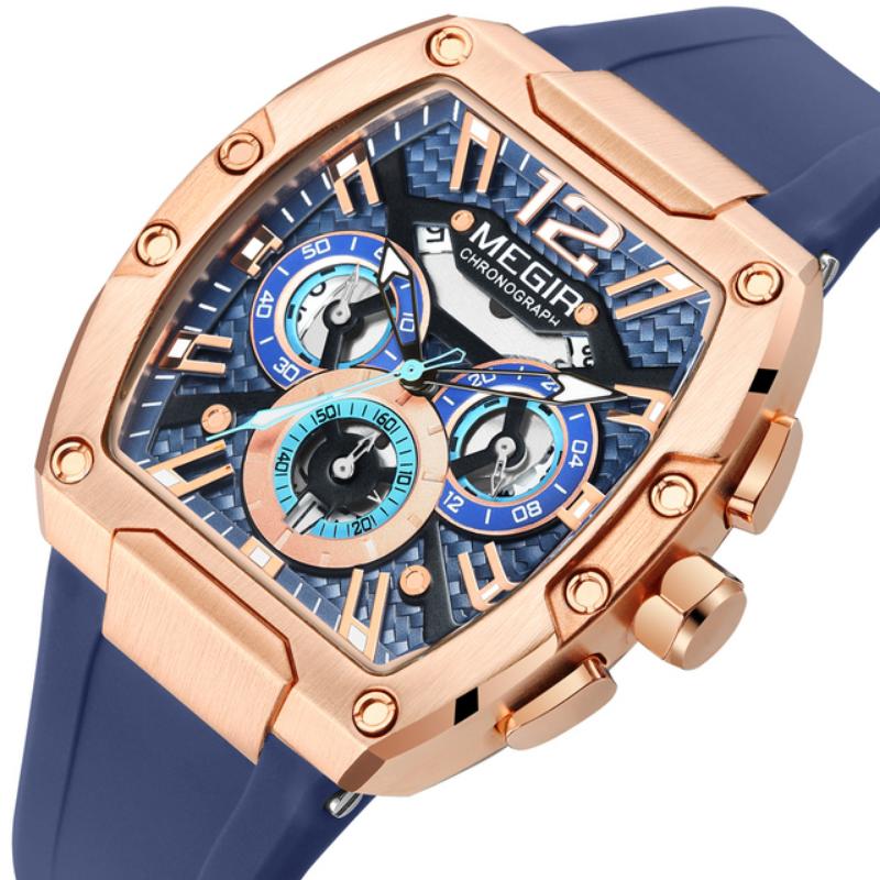 MEGIR Tonneau Fashion Men's Quartz Watches Brand Waterproof Chronograph Sports Wristwatch Silicone Strap Auto Date
