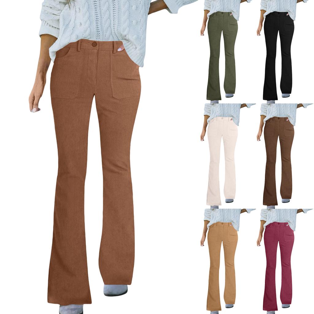 Corduroy Pants For Women Flare High Waisted Fall Winter Elastic Waist Stretchy Work Casual Trendy Wide Leg Pants