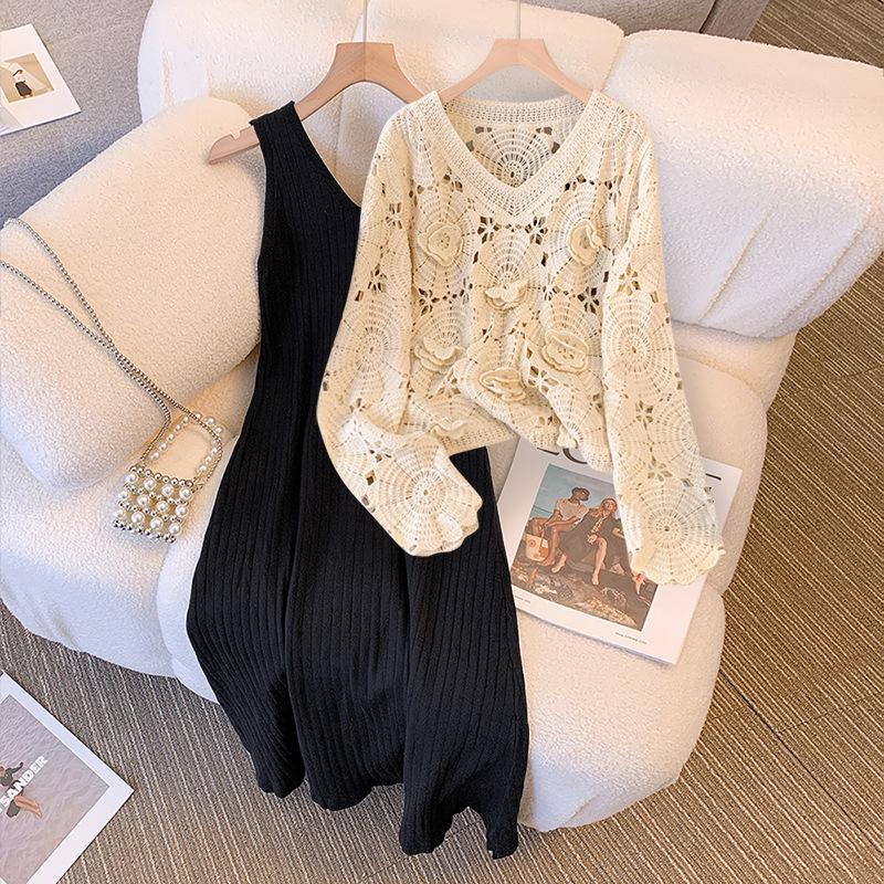 Plus Size Spring Set: Red Knitted Sweater & Dress