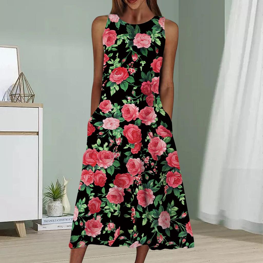 

Летнее модное сексуальное платье без рукавов Мягкое повседневное платье с принтом 3D Rose Garden Платье без рукавов на бретельках 8XL чёрный