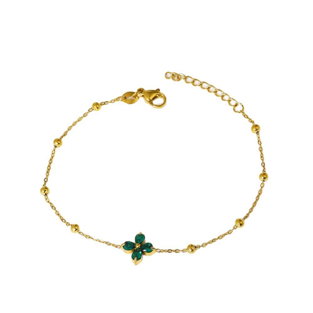 Zircon Stainless Steel Fashion Bracelet Adjustable 18K Gold Plated Colored Zircon Four-leaf Clover Flower Design Simple Bracelet