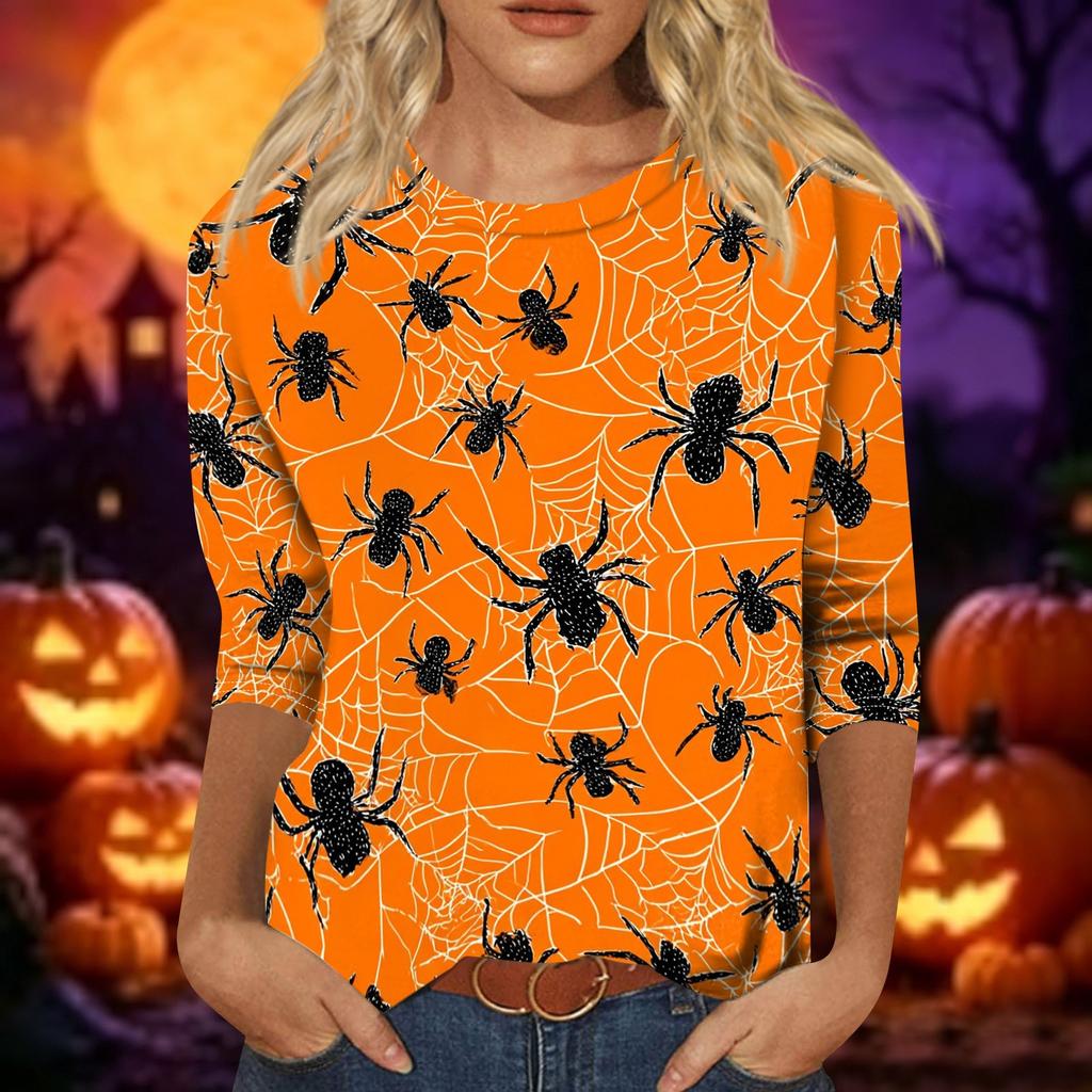 Women's Casual Halloween Print Pullover Top Three Quarter Sleeve Round Neck Shirt Lightweight Comfortable Fabric