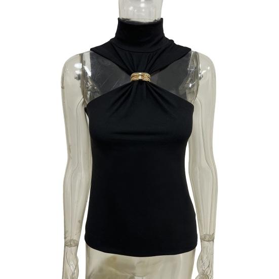 Women Tops Half High Collar Sleeveless Solid Color Stretchy Tops Slim Fit