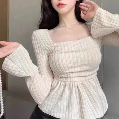 Square Collar Waist Cinched Flared Sleeve Top Short Design with Knitted Base Underneath