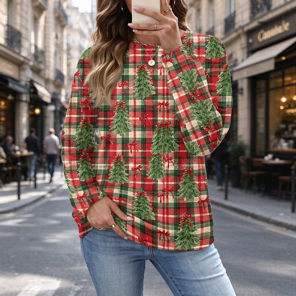 Women's Christmas Print Neck Top Casual Versatile Holiday Shirt for Everyday Wear