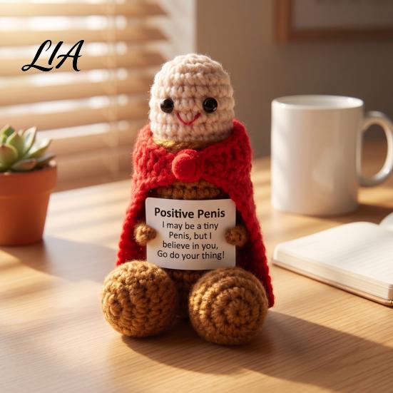 Cute Yarn Decoration Handmade Crochet Ornament, Funny Positive Desk Buddy, Exquisite Craft Figurine, Emotional Support Keepsake Gift for